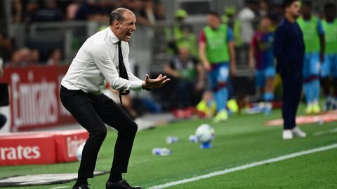 AC Milan's Italian coach Massimiliano Allegri reacts during the Italian Serie A football match between AC Milan and Cagliari at the San Siro Stadium in Milan on May 24, 2026.