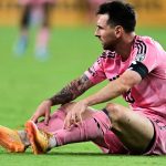 Inter Miami's Argentine forward #10 Lionel Messi sits on the ground during a Major League Soccer (MLS) regular season football match between Inter Miami CF and Orlando City SC at NU Stadium in Miami, on May 2, 2026.