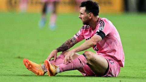 Inter Miami's Argentine forward #10 Lionel Messi sits on the ground during a Major League Soccer (MLS) regular season football match between Inter Miami CF and Orlando City SC at NU Stadium in Miami, on May 2, 2026.