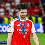 Declan Rice, miután átvette a második helyért járó érmet a Bajnokok Ligája döntőjének elvesztése után.