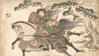 Egy 1750-ből származó ábrázoláson Tomoe Gozen, egy 12. században élt női szamuráj látható, amint megöl egy ellenséget.