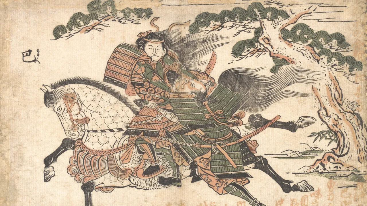 Egy 1750-ből származó ábrázoláson Tomoe Gozen, egy 12. században élt női szamuráj látható, amint megöl egy ellenséget.
