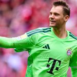 16 May 2026, Bavaria, Munich: Soccer, Men: Bundesliga, Bayern Munich - 1. FC Köln, Matchday 34, Allianz Arena. Manuel Neuer (Bayern Munich) celebrates after the 2:0 goal from Munich's Kane. Photo: Tom Weller/dpa - IMPORTANT NOTE: In accordance with the regulations of the DFL German Football League and the DFB German Football Association, it is prohibited to utilize or have utilized photographs taken in the stadium and/or of the match in the form of sequential images and/or video-like photo series.