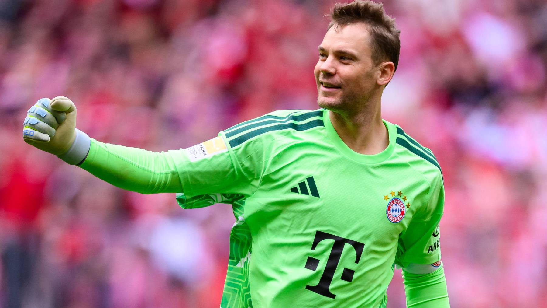16 May 2026, Bavaria, Munich: Soccer, Men: Bundesliga, Bayern Munich - 1. FC Köln, Matchday 34, Allianz Arena. Manuel Neuer (Bayern Munich) celebrates after the 2:0 goal from Munich's Kane. Photo: Tom Weller/dpa - IMPORTANT NOTE: In accordance with the regulations of the DFL German Football League and the DFB German Football Association, it is prohibited to utilize or have utilized photographs taken in the stadium and/or of the match in the form of sequential images and/or video-like photo series.