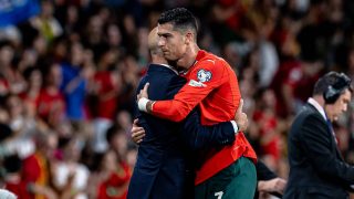 Portugal coach Roberto Martinez and Portugal forward Cristiano Ronaldo are present during the match between Portugal and Hungary for the FIFA World Cup 2026 UEFA Qualifiers - Group F - Matchday 4 season 2025-2026 at the Estadio Jose Alvalade in Lisbon, Portugal, on October 14, 2025. (Photo by Stefan Koops/EYE4images/NurPhoto)