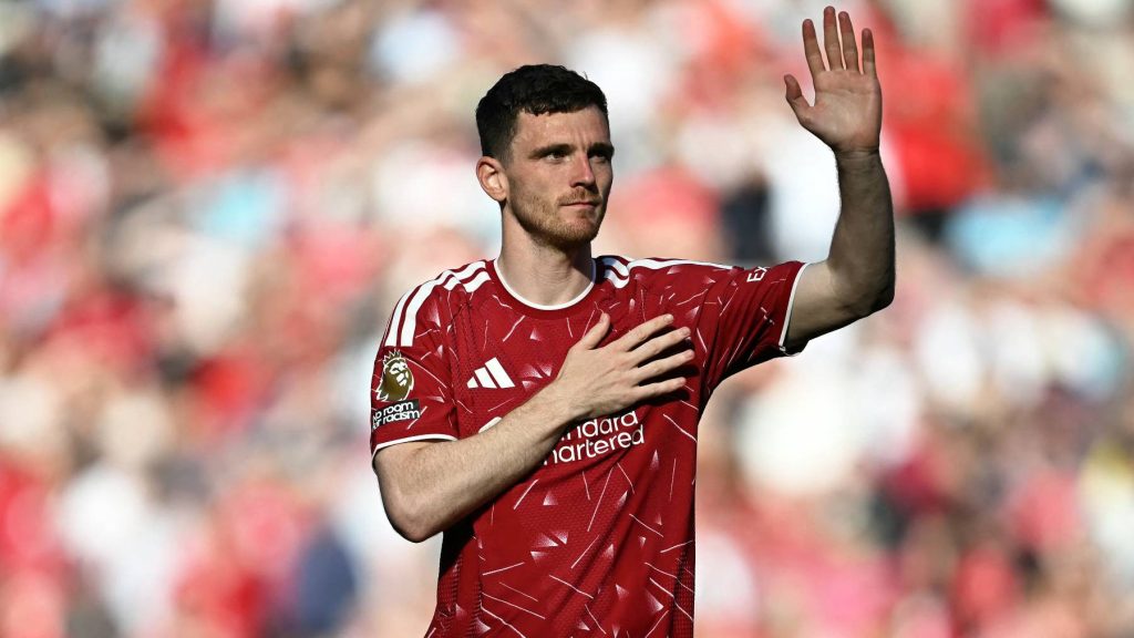 Liverpool's Scottish defender #26 Andrew Robertson claps the fans after the English Premier League football match between Liverpool and Brentford at Anfield in Liverpool, north west England on May 24, 2026.