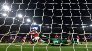 Arsenal's English midfielder #07 Bukayo Saka scores the team's first goal during the UEFA Champions League second-leg semi-final football match between Arsenal and Atletico Madrid at the Emirates Stadium in north London on May 5, 2026.