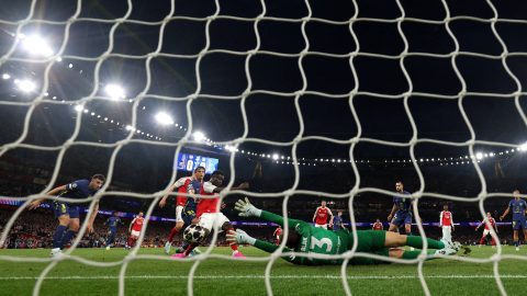 Arsenal's English midfielder #07 Bukayo Saka scores the team's first goal during the UEFA Champions League second-leg semi-final football match between Arsenal and Atletico Madrid at the Emirates Stadium in north London on May 5, 2026.