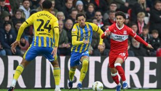 Jeremy Sarmiento of Middlesbrough controls the ball ahead of Samuel Edozie of Southampton during the Sky Bet Championship Play Off Semi Final 1st Leg between Middlesbrough and Southampton at the Riverside Stadium in Middlesbrough on May 8, 2026. (Photo by MI News/NurPhoto)