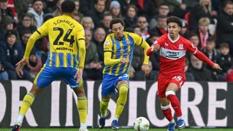 Jeremy Sarmiento of Middlesbrough controls the ball ahead of Samuel Edozie of Southampton during the Sky Bet Championship Play Off Semi Final 1st Leg between Middlesbrough and Southampton at the Riverside Stadium in Middlesbrough on May 8, 2026. (Photo by MI News/NurPhoto)