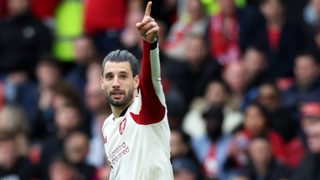 Liverpool's Hungarian midfielder #08 Dominik Szoboszlai celebrates scoring the team's first goal during the English Premier League football match between Manchester United and Liverpool at Old Trafford in Manchester, north west England, on May 3, 2026.
