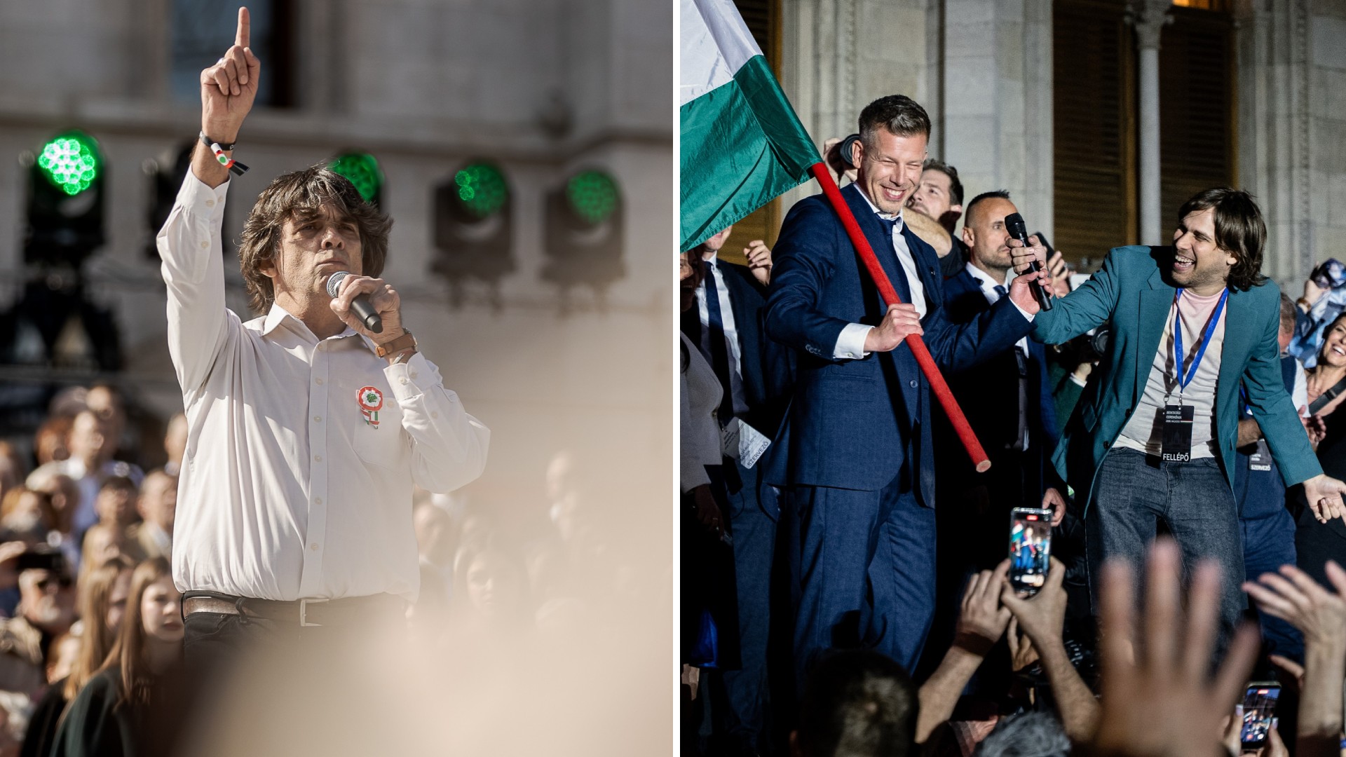 Takáts Tamás a Békemeneten 2026. március 15-én; Takáts Máté a Tisza kormány beiktatási ceremóniáját követő ünneplésen 2026. május 9-én.