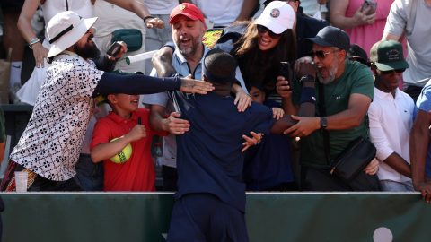 PARIS, FRANCE - MAY 28: Frances Tiafoe of United States celebrates victory in his Men's Singles second round match against Hubert Hurkacz of Poland on Day Five of the 2026 French Open at Roland Garros on May 28, 2026 in Paris, France. (Photo by Dan Istitene/Getty Images)