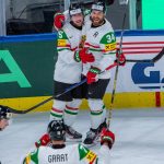 ZURICH, SWITZERLAND - MAY 25: Gabor Tornyai #25 of Hungary celebrates his goal with teammates during the 2026 IIHF Ice Hockey World Championship Switzerland game between USA and Hungary at Swiss Life Arena on May 25, 2026 in Zurich, Switzerland. (Photo by RvS.Media/Robert Hradil/Getty Images)