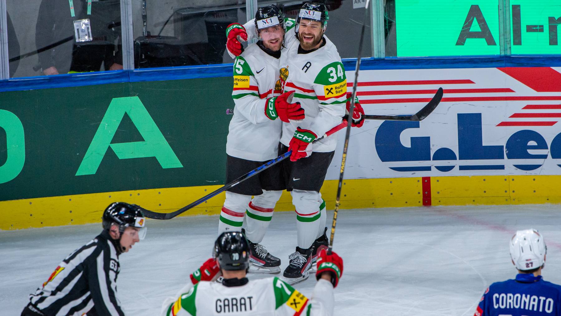 ZURICH, SWITZERLAND - MAY 25: Gabor Tornyai #25 of Hungary celebrates his goal with teammates during the 2026 IIHF Ice Hockey World Championship Switzerland game between USA and Hungary at Swiss Life Arena on May 25, 2026 in Zurich, Switzerland. (Photo by RvS.Media/Robert Hradil/Getty Images)