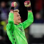 Blackburn Rovers goalkeeper Balazs Toth celebrates as Yuki Ohashi of Blackburn Rovers scores to make it 0-3 during the Sky Bet Championship match between Sheffield United and Blackburn Rovers at Bramall Lane in Sheffield, United Kingdom, on April 22, 2026. (Photo by Maynard Manyowa/News Images/NurPhoto)