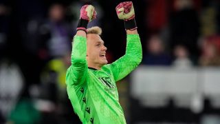 Blackburn Rovers goalkeeper Balazs Toth celebrates as Yuki Ohashi of Blackburn Rovers scores to make it 0-3 during the Sky Bet Championship match between Sheffield United and Blackburn Rovers at Bramall Lane in Sheffield, United Kingdom, on April 22, 2026. (Photo by Maynard Manyowa/News Images/NurPhoto)