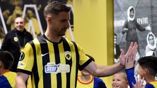 ATHENS, GREECE - APRIL 16: Barnabás Varga of AEK Athens high fives mascots in the tunnel prior to the UEFA Conference League 2025/26 Quarter-Final Leg Two match between PAE AEK and Rayo Vallecano de Madrid at Agia Sophia Stadium on April 16, 2026 in Athens, Greece. (Photo by Milos Bicanski - UEFA/UEFA via Getty Images)