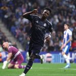 Real Madrid's Brazilian forward #07 Vinicius Junior celebrates scoring his team's second goal during the Spanish league football match between RCD Espanyol and Real Madrid CF at RCDE Stadium in Cornella de Llobregat on May 3, 2026.