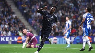 Real Madrid's Brazilian forward #07 Vinicius Junior celebrates scoring his team's second goal during the Spanish league football match between RCD Espanyol and Real Madrid CF at RCDE Stadium in Cornella de Llobregat on May 3, 2026.