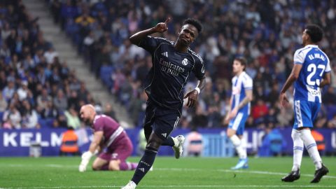 Real Madrid's Brazilian forward #07 Vinicius Junior celebrates scoring his team's second goal during the Spanish league football match between RCD Espanyol and Real Madrid CF at RCDE Stadium in Cornella de Llobregat on May 3, 2026.