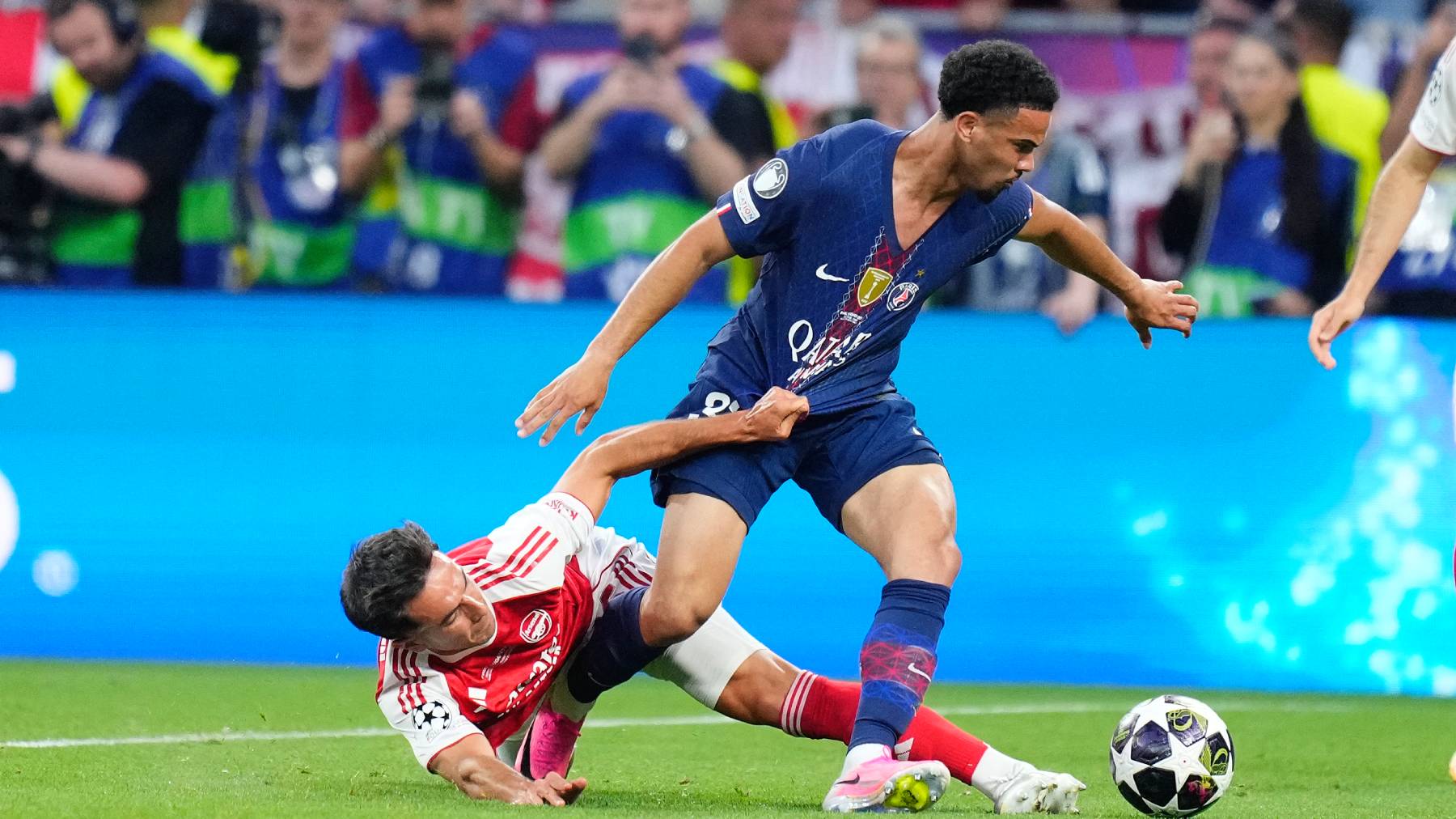 Martin Zubimendi defensive midfield of Arsenal and Spain and Warren Zaire-Emery central midfield of PSG and France battle for the ball during the UEFA Champions League Final 2026 match between Paris Saint-Germain and Arsenal FC at Puskas Arena on May 30, 2026 in Budapest, Hungary. (Photo by Jose Breton/Pics Action/NurPhoto)