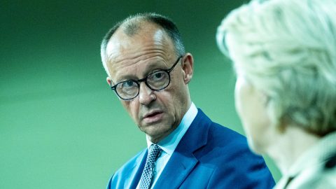 Press conference of President of the European Commission URSULA VON DER LEYEN and Federal chancellor of the Federal Republic of Germany (Bundeskanzler) Friedrich Merz following their meeting in the Berlaymont the headquarters of the European Commission an institution of the European Union in Brussels in Belgium on 9th of May 2025. (Photo by Martin Bertrand / Hans Lucas via AFP)