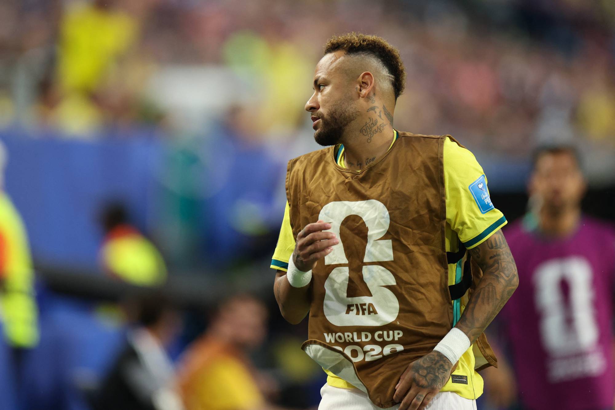 Brazil's forward #10 Neymar warms up during the 2026 World Cup Group C football match between Scotland and Brazil at the Miami Stadium in Miami Gardens on June 24, 2026.