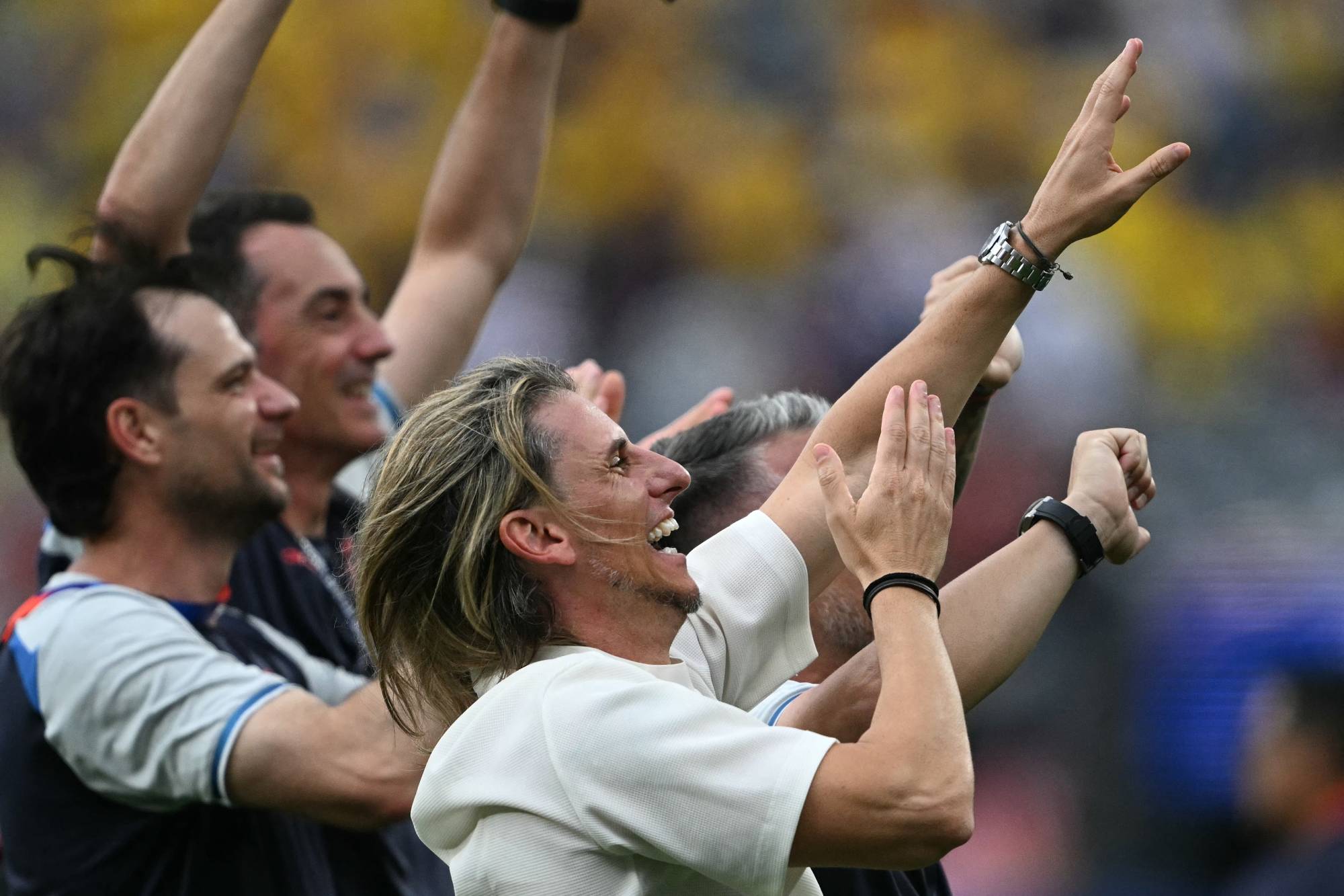 Ecuador's Argentine head coach Sebastian Beccacece celebrates after winning the 2026 World Cup Group E football match between Ecuador and Germany at the New York/New Jersey Stadium in East Rutherford on June 25, 2026.