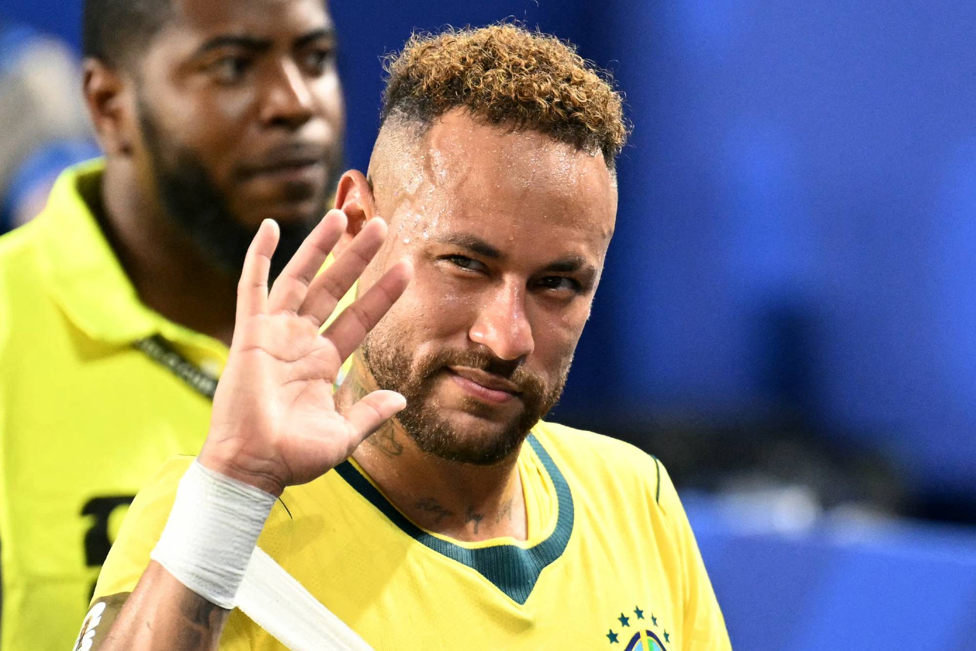 Brazil's forward #10 Neymar reacts after winning the 2026 World Cup Group C football match between Scotland and Brazil at the Miami Stadium in Miami Gardens on June 24, 2026.