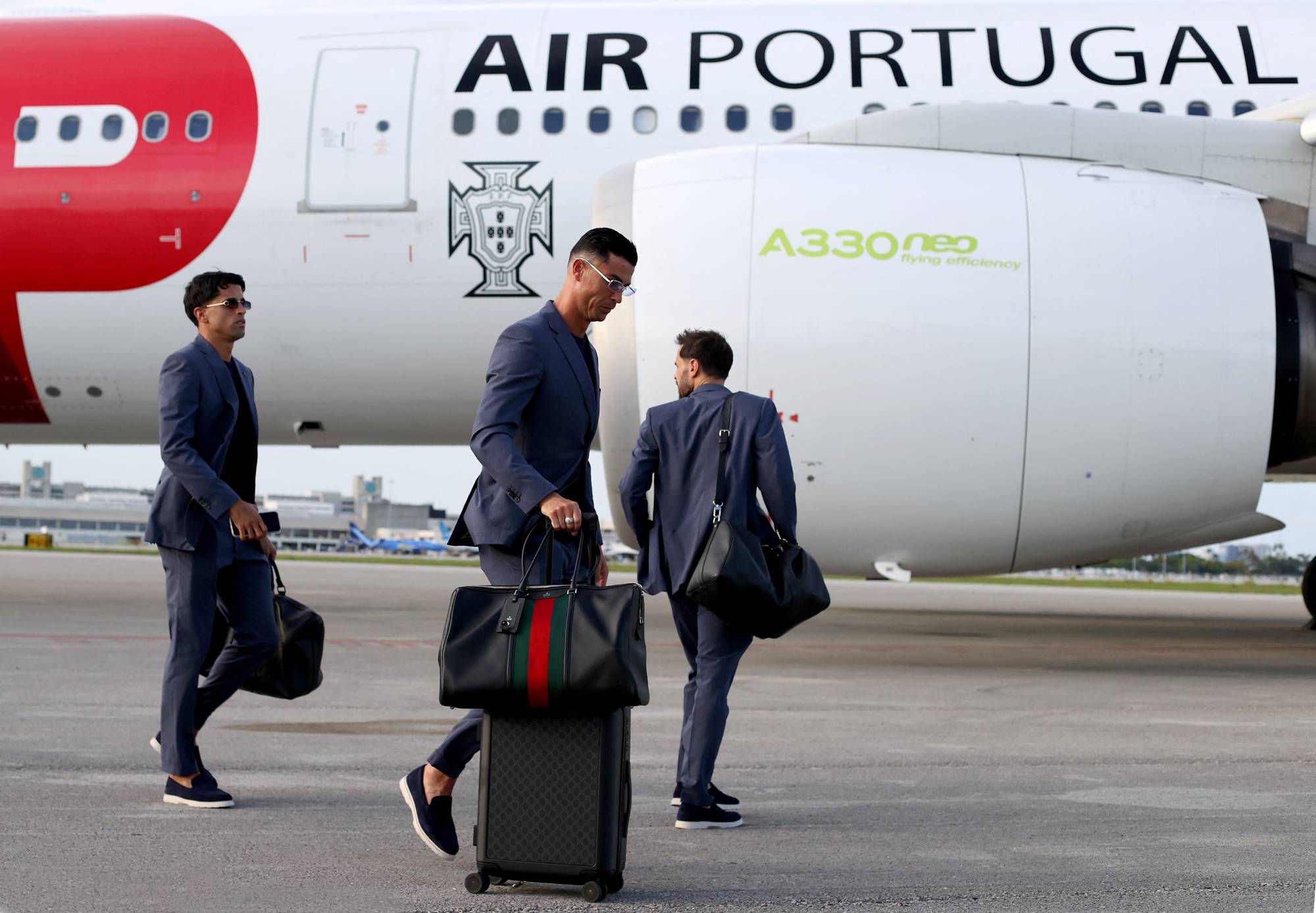 WEST PALM BEACH, FLORIDA - JUNE 12: Cristiano Ronaldo #7 of Portugal arrives at Palm Beach International Airport ahead of the FIFA World Cup 2026 on June 12, 2026 in West Palm Beach, Florida. Leonardo Fernandez/Getty Images/AFP