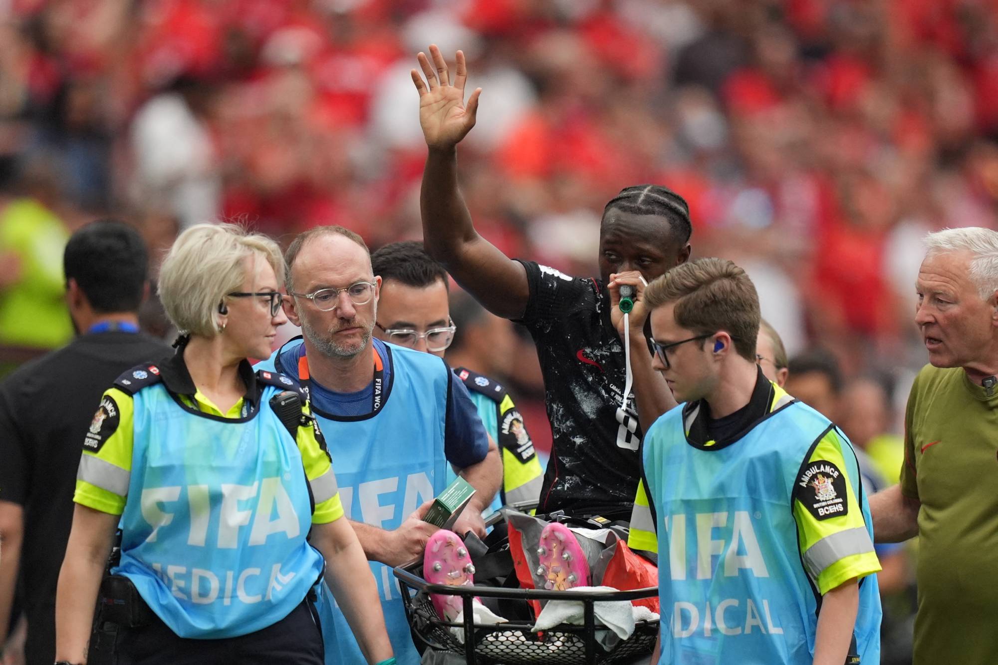 VANCOUVER, CANADA - JUNE 18: Ismael Kone of Canada is carried on a stretcher after his injury during the 2026 FIFA World Cup First Stage Group B match between Canada and Qatar at BC Place Stadium in Vancouver, Canada on June 18, 2026. Ercin Erturk / Anadolu
