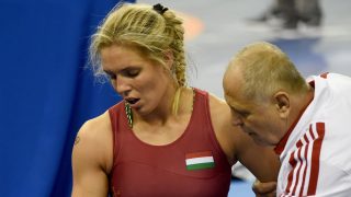 Németh Zsanett a nõk 76 kilogrammos súlycsoportjának nyolcaddöntõjében a fehérorosz Vaszilisza Marzaljuk elleni mérkõzésen a budapesti birkózó-világbajnokságon 2018. október 23-án.