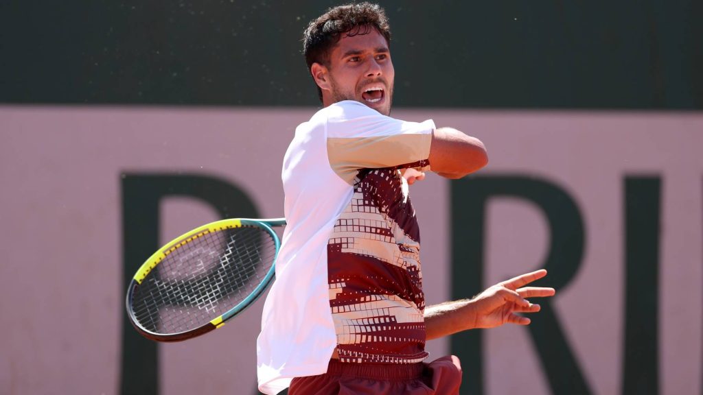 PARIS, FRANCE - MAY 26: Adolfo Daniel Vallejo of Paraguay plays a forehand against Cameron Norrie of the United Kingdom during the Men's Singles first round match during Day Three of the 2026 French Open at Roland Garros on May 26, 2026 in Paris, France. (Photo by Dan Istitene/Getty Images)