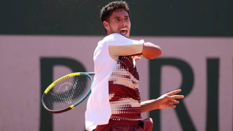 PARIS, FRANCE - MAY 26: Adolfo Daniel Vallejo of Paraguay plays a forehand against Cameron Norrie of the United Kingdom during the Men's Singles first round match during Day Three of the 2026 French Open at Roland Garros on May 26, 2026 in Paris, France. (Photo by Dan Istitene/Getty Images)