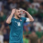 Iraq's forward #18 Aymen Hussein celebrates scoring his team's second goal during the 2026 FIFA World Cup qualifiers final playoff football match between Iraq and Bolivia at the BBVA Stadium in Guadalupe, Nuevo Leon state, Mexico, on March 31, 2026.