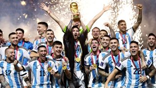 Lionel Andrés Messi Cuccittini of Argentina celebrates during an award ceremony of FIFA World Cup at Lusail Stadium in Al Daayen, Qatar on December 18, 2022. Lionel Messi decided to transfer to Inter Miami CF of Major League Soccer (MLS) in the United States.( The Yomiuri Shimbun )