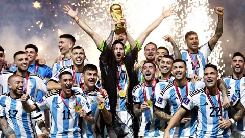 Lionel Andrés Messi Cuccittini of Argentina celebrates during an award ceremony of FIFA World Cup at Lusail Stadium in Al Daayen, Qatar on December 18, 2022. Lionel Messi decided to transfer to Inter Miami CF of Major League Soccer (MLS) in the United States.( The Yomiuri Shimbun )