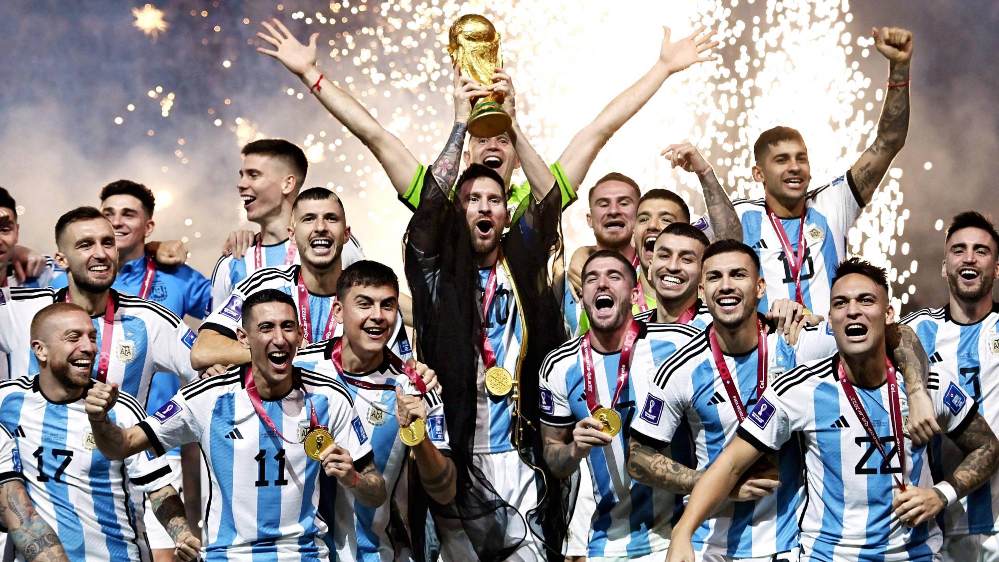 Lionel Andrés Messi Cuccittini of Argentina celebrates during an award ceremony of FIFA World Cup at Lusail Stadium in Al Daayen, Qatar on December 18, 2022. Lionel Messi decided to transfer to Inter Miami CF of Major League Soccer (MLS) in the United States.( The Yomiuri Shimbun )