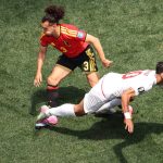 Belgium's defender #03 Arthur Theate and Iran's forward #20 Shahriyar Moghanloo fight for the ball during the 2026 World Cup Group G football match between Belgium and Iran at the Los Angeles Stadium in Inglewood on June 21, 2026.