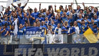 Bosnian fans cheer for their team ahead of the 2026 World Cup Group B football match between Switzerland and Bosnia and Herzegovina at Los Angeles Stadium in Inglewood on June 18, 2026.
