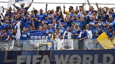 Bosnian fans cheer for their team ahead of the 2026 World Cup Group B football match between Switzerland and Bosnia and Herzegovina at Los Angeles Stadium in Inglewood on June 18, 2026.