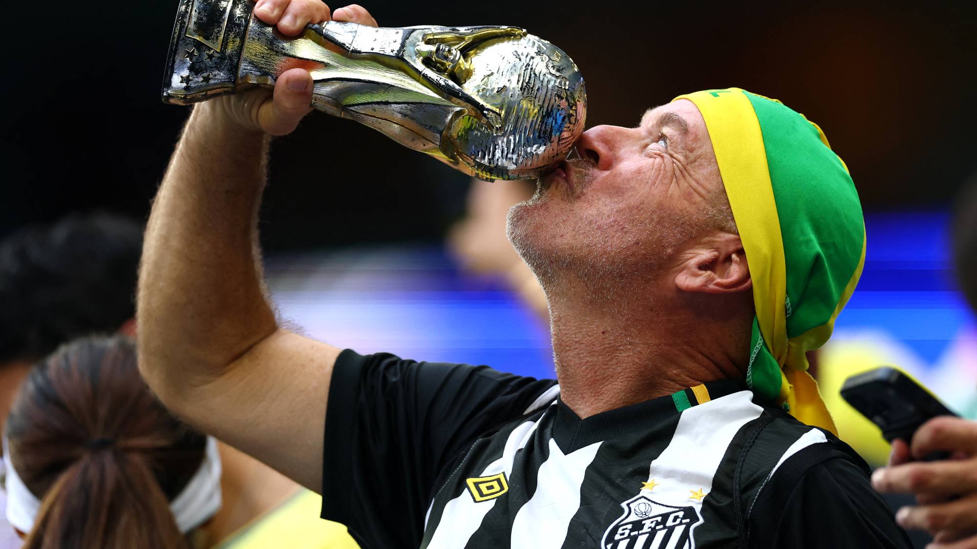 MIAMI GARDENS, FLORIDA - JUNE 24: A fan of Brazil enjoys the atmosphere before the FIFA World Cup 2026 Group C match between Scotland and Brazil at Miami Stadium on June 24, 2026 in Miami Gardens, Florida. Robert Cianflone/Getty Images/AFP