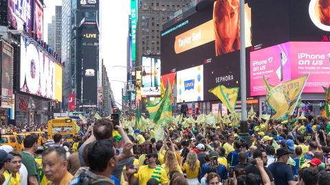 Brazilian fans gather in Times Square, New York City, to support the Brazil national team on the eve of its opening match of the 2026 FIFA World Cup in the United States, on Friday, June 12, 2026