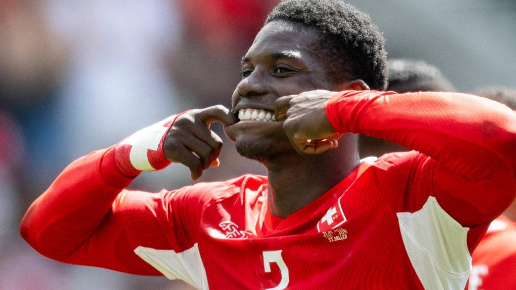 Switzerland's forward #7 Breel Embolo celebrates scoring his team's first goal during a friendly football match between Switzerland and Jordan ahead of the 2026 FIFA World Cup football tournament at the Kybunpark stadium in St. Gallen on May 31, 2026.
