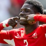 Switzerland's forward #7 Breel Embolo celebrates scoring his team's first goal during a friendly football match between Switzerland and Jordan ahead of the 2026 FIFA World Cup football tournament at the Kybunpark stadium in St. Gallen on May 31, 2026.