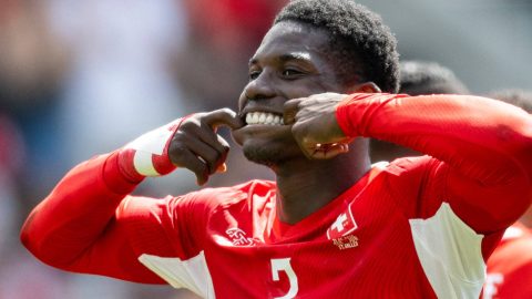 Switzerland's forward #7 Breel Embolo celebrates scoring his team's first goal during a friendly football match between Switzerland and Jordan ahead of the 2026 FIFA World Cup football tournament at the Kybunpark stadium in St. Gallen on May 31, 2026.