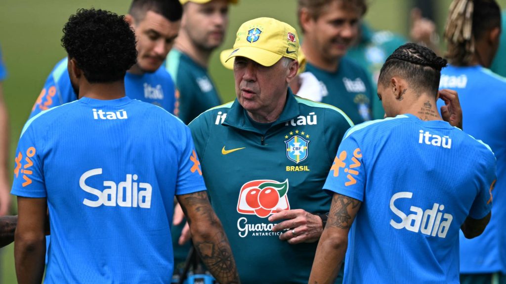 Brazil's Italian head coach Carlo Ancelotti speaks to his players during a training session ahead of Brazil's 2026 FIFA World Cup Group C football match against Morocco in Morris Township on June 10, 2026.