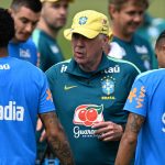 Brazil's Italian head coach Carlo Ancelotti speaks to his players during a training session ahead of Brazil's 2026 FIFA World Cup Group C football match against Morocco in Morris Township on June 10, 2026.