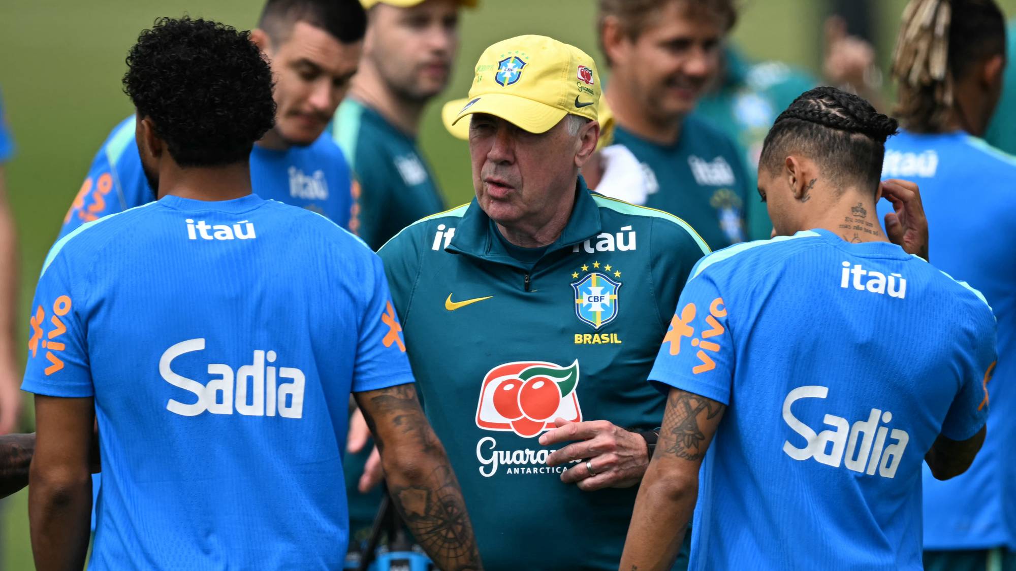 Brazil's Italian head coach Carlo Ancelotti speaks to his players during a training session ahead of Brazil's 2026 FIFA World Cup Group C football match against Morocco in Morris Township on June 10, 2026.